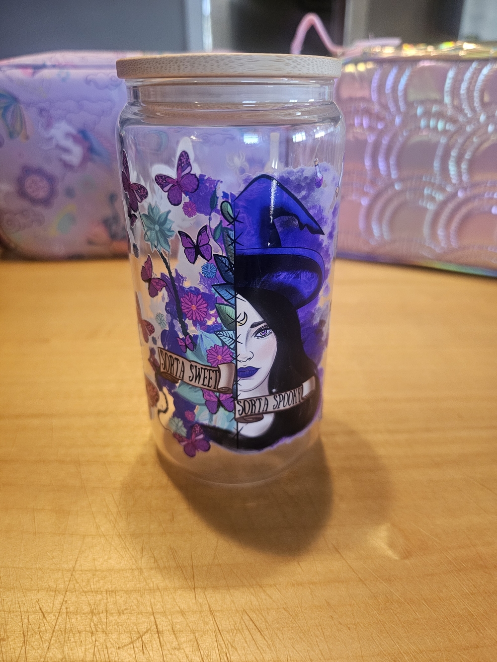 Sorta Sweet Sorta Spooky Purple Witch Glass Tumbler with Bamboo Lid